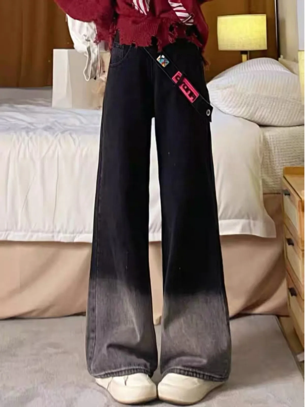 High Waist Wide Leg Jeans Women's Casual Sle adient Color High Waist Zipper Design Spring Faion plus Size Loose Fit Pants