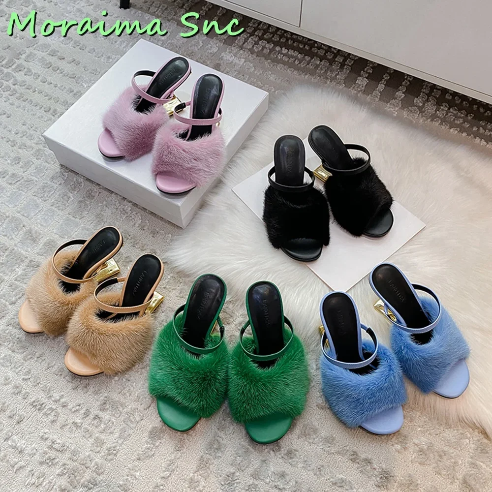 Open Toe Hairy Fur Strange Heel Slippers Women Shoes Slides Summer 2023 Fashion Black Solid Sexy Elegant Banquet Party Outdoor