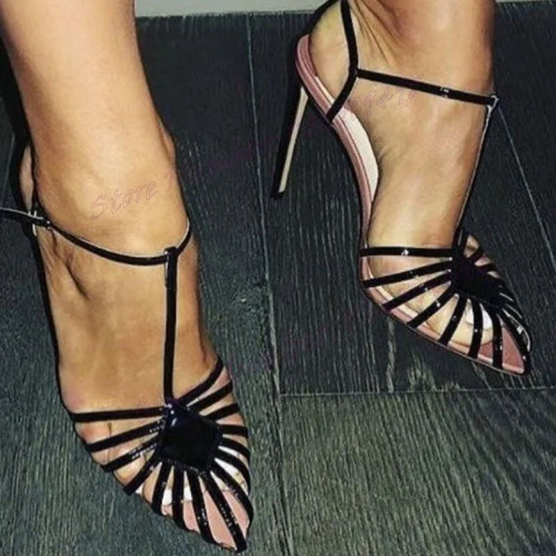 

Black T-strap Hollow Out Sandals Pointed Toe Shoes for Women Stilettos High Heels Evening Party Shoes 2024 Zapatos Para Mujere