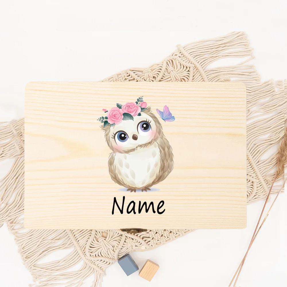 Caja de madera personalizada con estampado de animales para bebé, recuerdo infantil con nombre personalizado, regalo para recién nacido