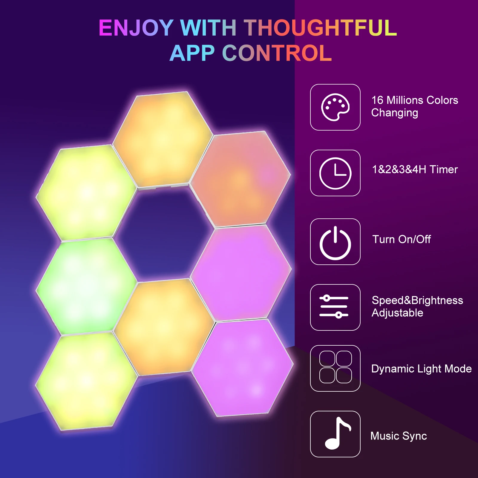 8PCS BT Connected RGB Hexagon Light Ambient Lamp Wall Decorative Lighting with Controller Supported Phones App Line Controller