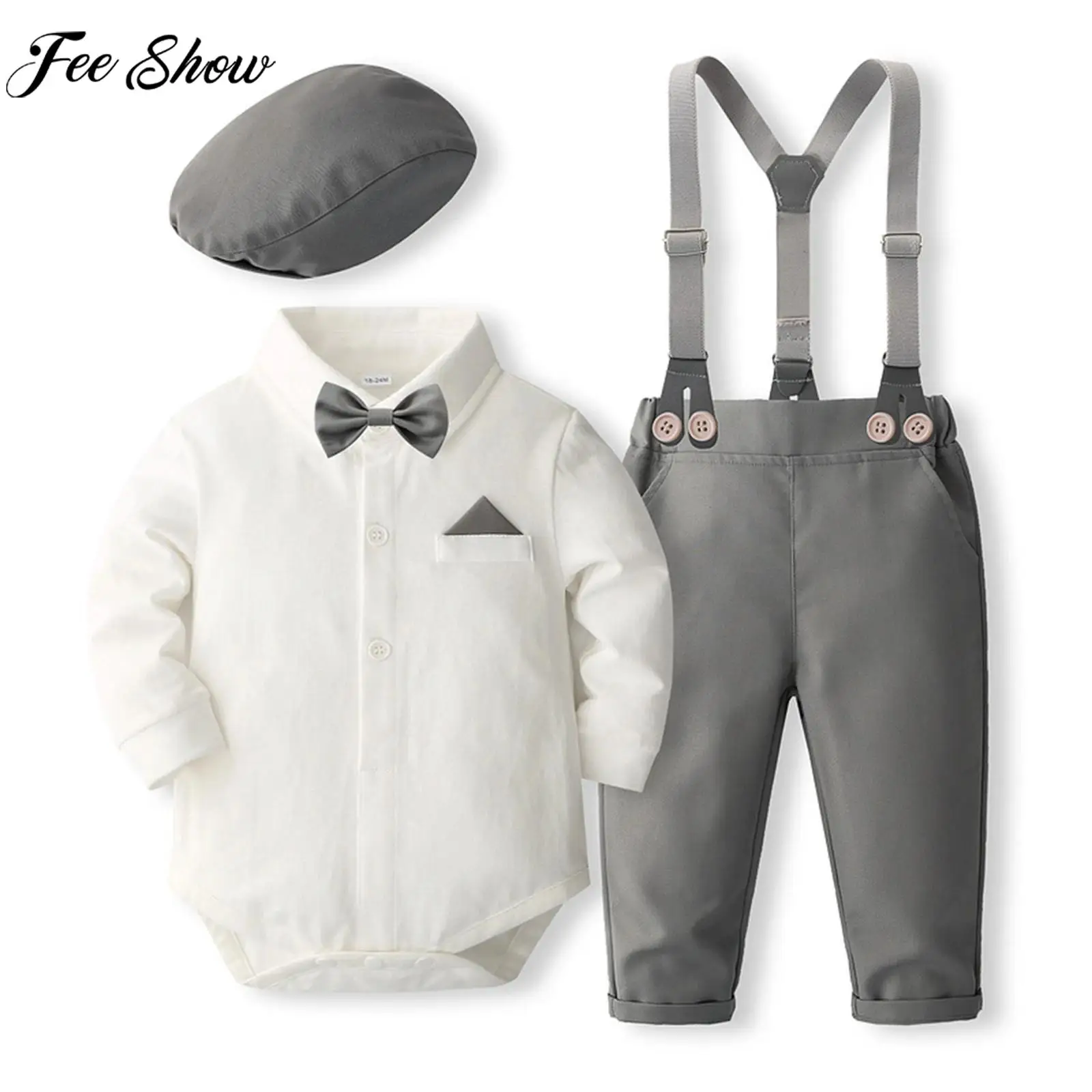 

Toddler Boys Formal Gentleman Suit Long Sleeve Romper with Suspender Pants Bow Beret Hat for Christening Birthday Wedding Party