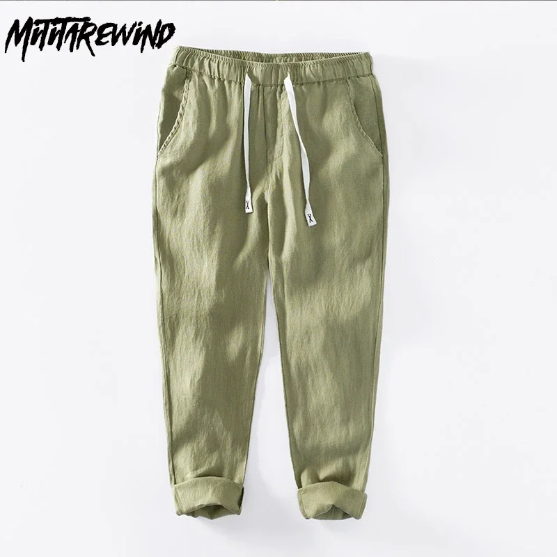 

Summer 100% Linen Pants Man Breathable Beach Men Pants Solid Casual Drawstring Elastic Waist Straight Nine-point Pants Simple