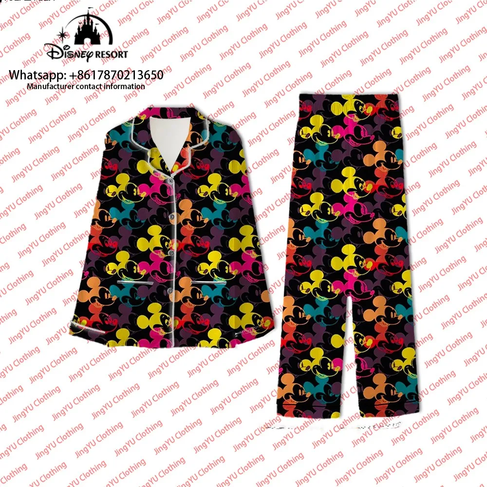 Stitch and Mickey Minnie anime 2023 new autumn casual two-piece set long-sleeved shirt trousers women's pajamas set pajamas