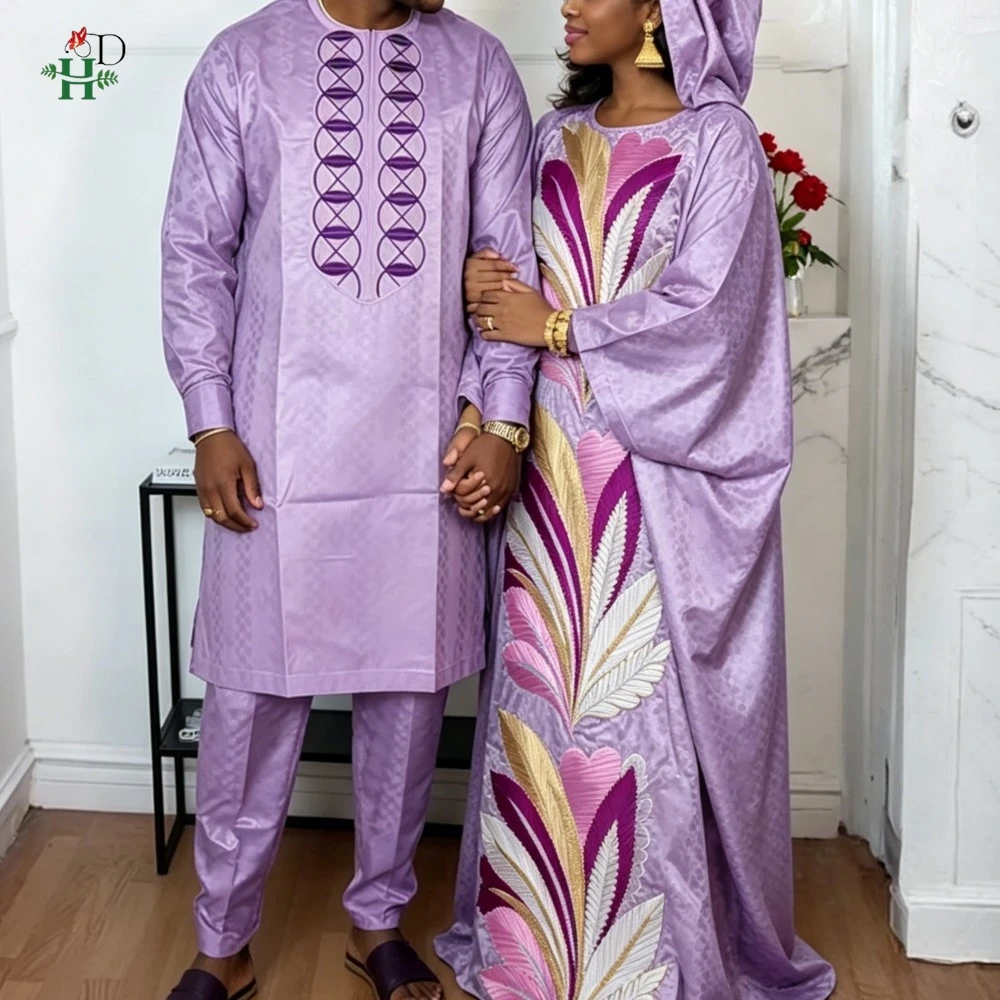 Vestidos africanos H&D para parejas, conjunto morado a juego, traje tradicional bordado para hombre, vestido original de Dubái para damas.
