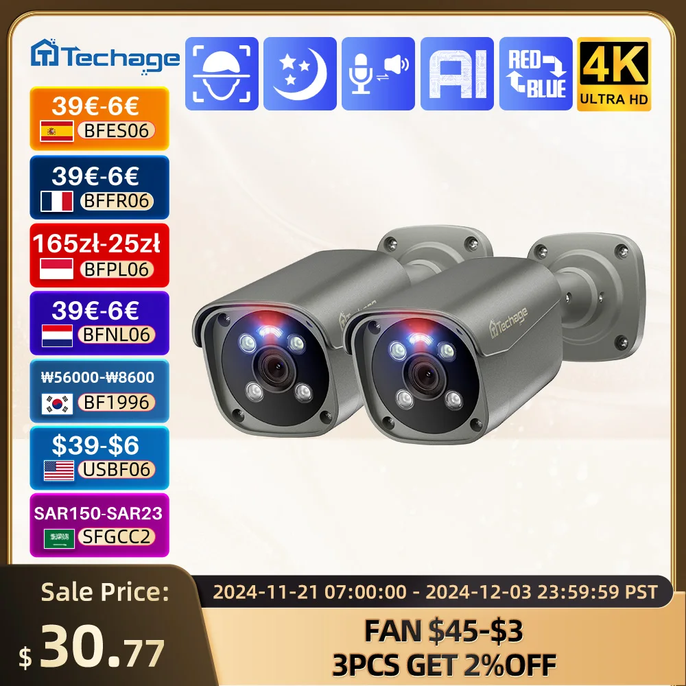 Techage 4K 8MP PoE Outdoor Two-way Audio Bullet IP Camera H.265 Surveillance System ONVIF Motion Detect Email Alert XMeye