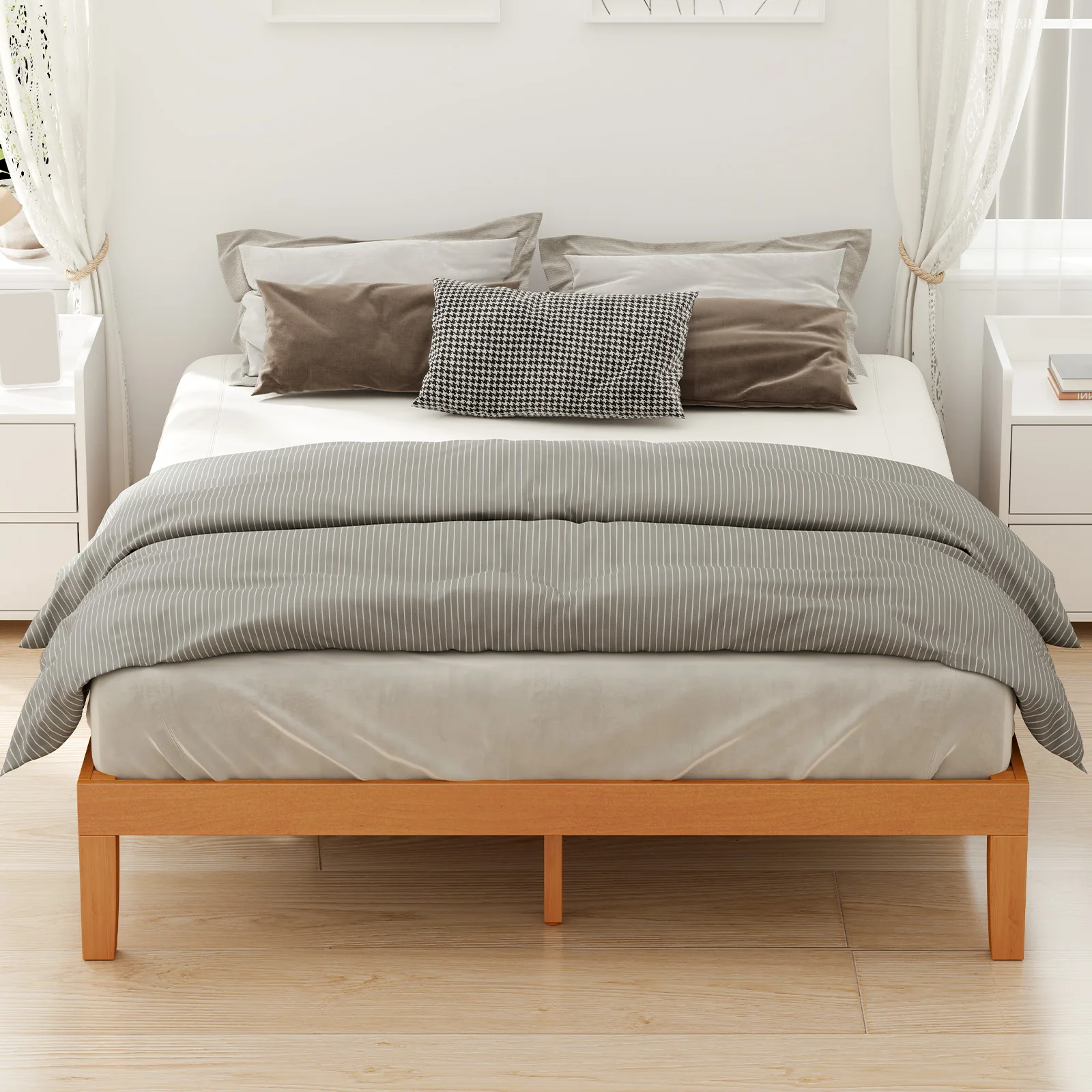 MCQ 12 Inch Thick Solid Wood Bed Frame 700 lbs Capacity Platform Bedframe with Wooden Slats Support Noise-Free No Box Spring Needed Easy Assembly