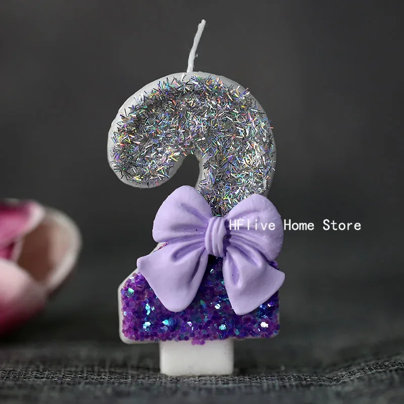 Purple Bow Children\'s Birthday Candles 0-9 Number Birthday Candles for Girls 1 Year Cake Topper Decoration