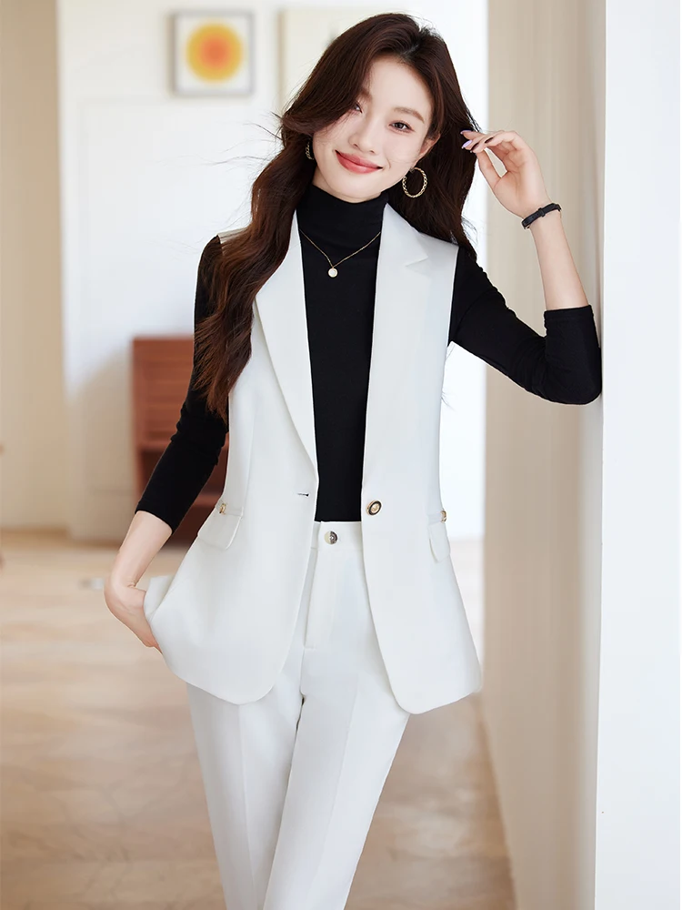 White Khaki Pink Black Women Pant Suit Solid 2 Piece Set Ladies Female Business Work Wear Formal Vest  And Trouser