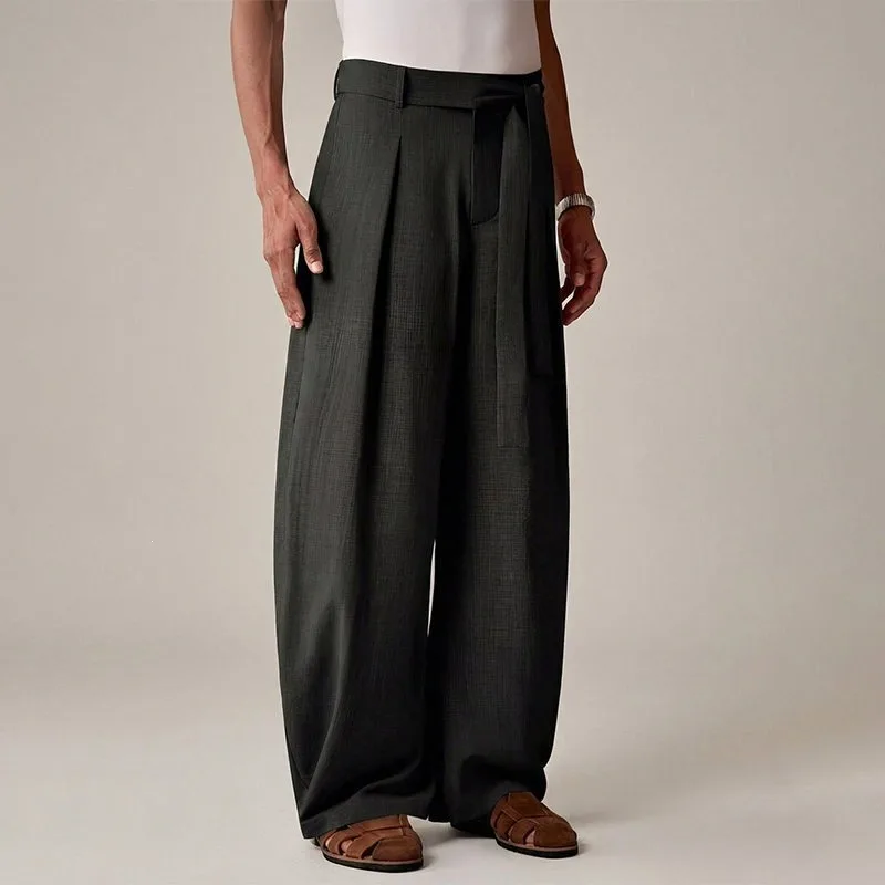 KIDWHXR Herrenhose, locker geschnitten, mittelhoher Bund, atmungsaktiv, Vintage-Plisseehose, gerade geschnitten, mit Kordelzug, Business Casual Herrenhose – Detail 6