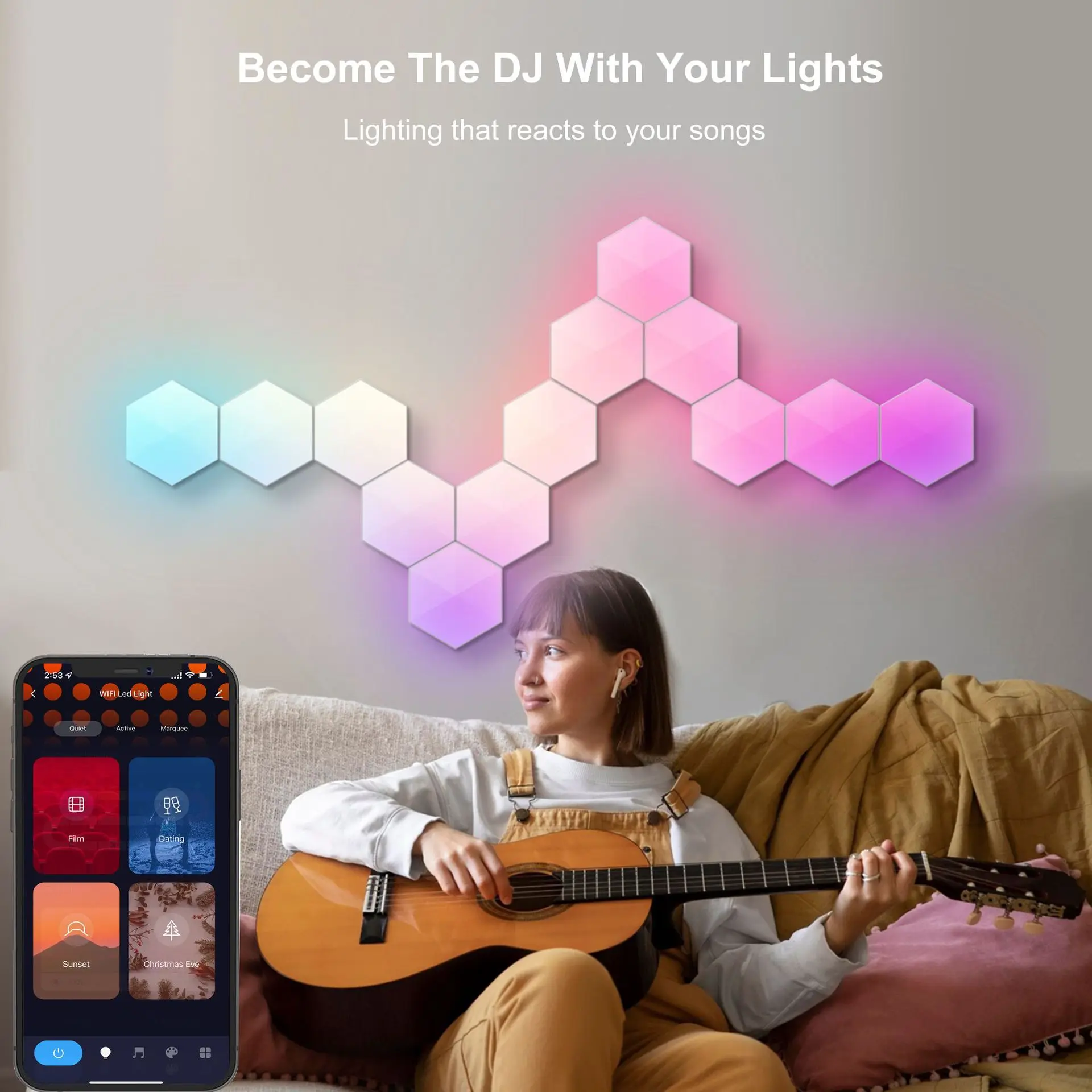 TuYa WIFI Bluetooth RGB LED hexágono cuántico Panel de lámparas de pared interior aplicación de luz nocturna para juegos de ordenador lámparas de decoración de dormitorio