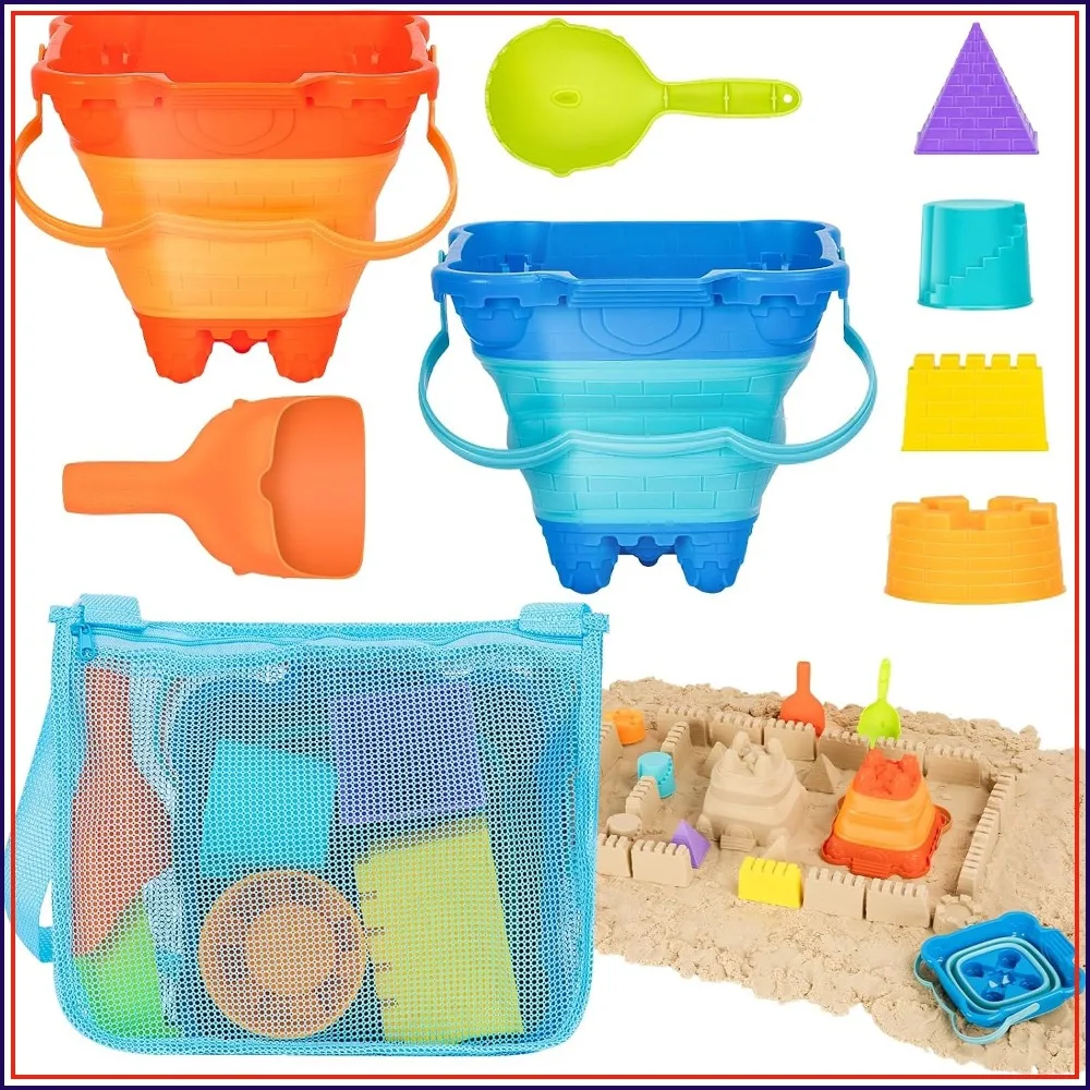 

9PCS Collapsible Sand Toys Set - Foldable Buckets, Shovels, Castle Molds, Mesh Bag - Beach Building Kit for Toddlers & Kids Ages 3-12