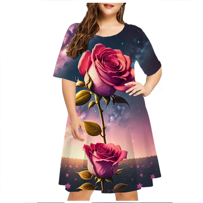 Tie Dye gwiaździste niebo róża sukienka z kwiatowym nadrukiem damska moda z krótkim rękawem luźna Plus Size sukienka letnia casualowa Mini sukienka