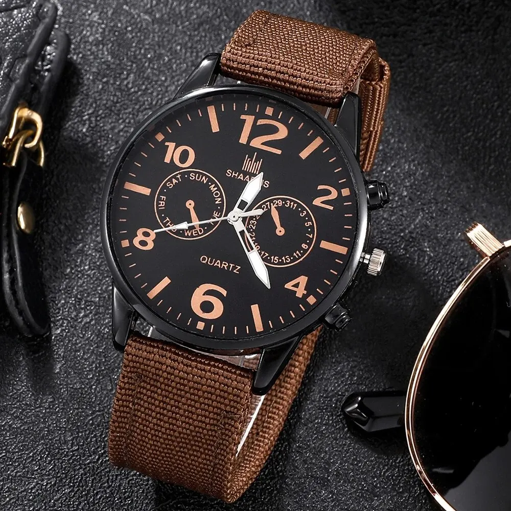 4Pcs Set Fashion Mens Sports Bracelet Watches For Men Retro Big Dial Quartz Wrist Watch Classic Male Casual Brown Nylon Watch