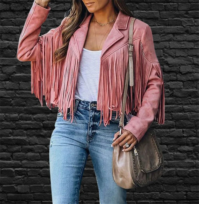 سترة نسائية مهدب سترة نسائية مقصوصة لراكبي الدراجات النارية سترة خارجية بغرز مفتوحة سترات ضيقة معطف من جلد الغزال الصناعي بشرابة #3