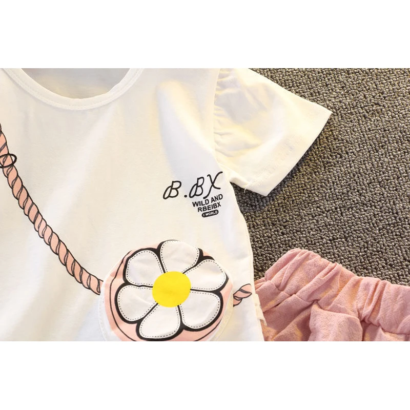 Kid Girl Clothes Summer Short Sleeve T-shirt Pant 2Pcs Set Sunflowers Bag Design Baby Costume Toddler Tracksuit Children A516