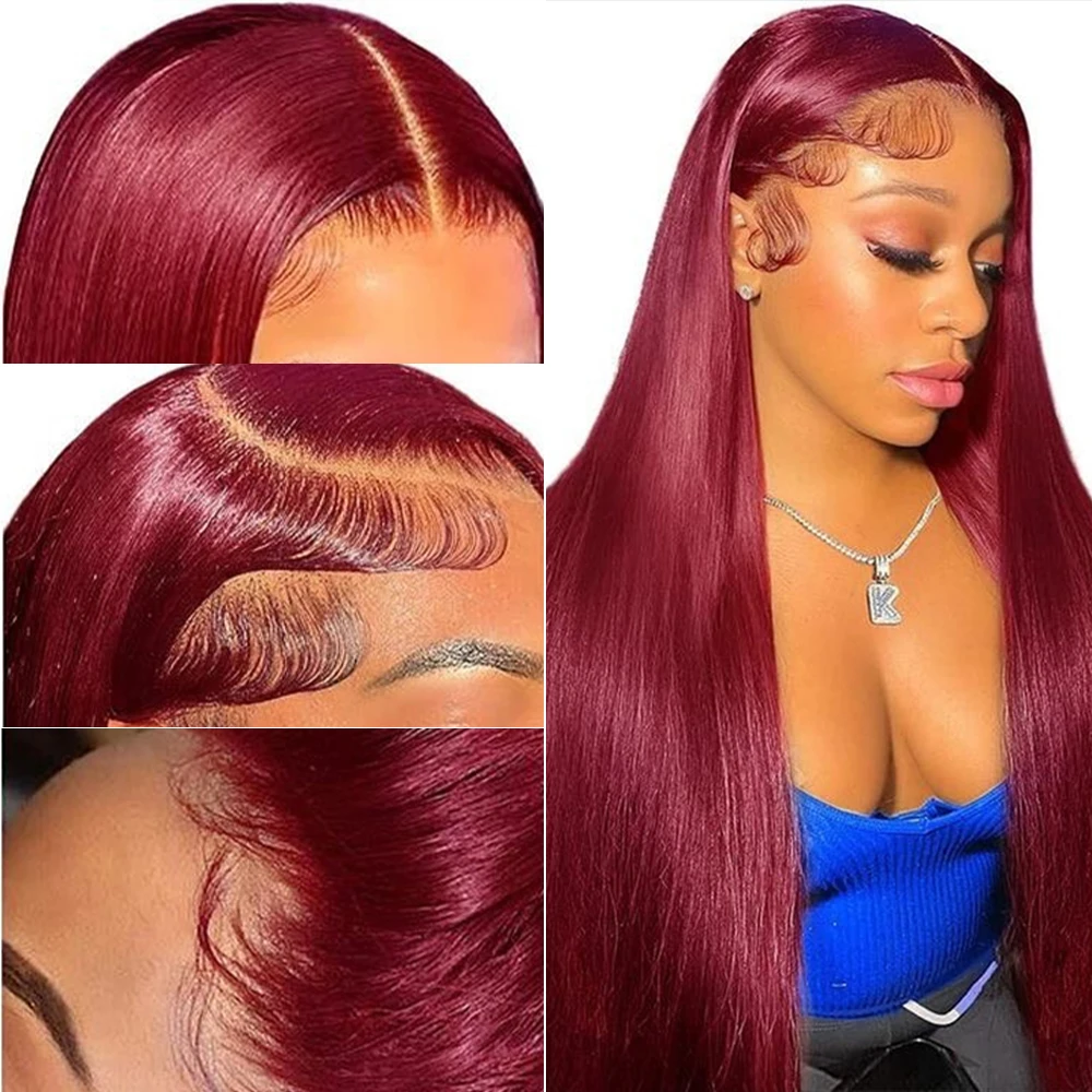 38インチ 99j バーガンディ レースフロント 人毛ウィッグ 13x6 ボーンストレート HDレースフロントウィッグ 密度200% カラー済み 生え際処理済みレースウィッグ