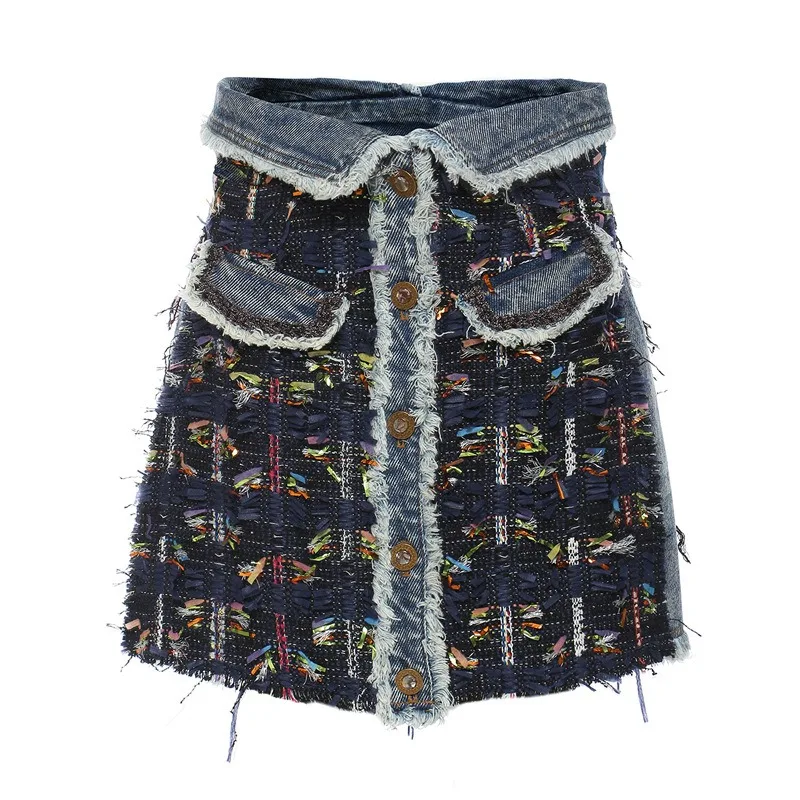 

Women Denim Skirt Jeans Single Breasted Button Elegant High Waist Sexy Skirt Tassel Outfits Female Clothing Patchwork Stylish