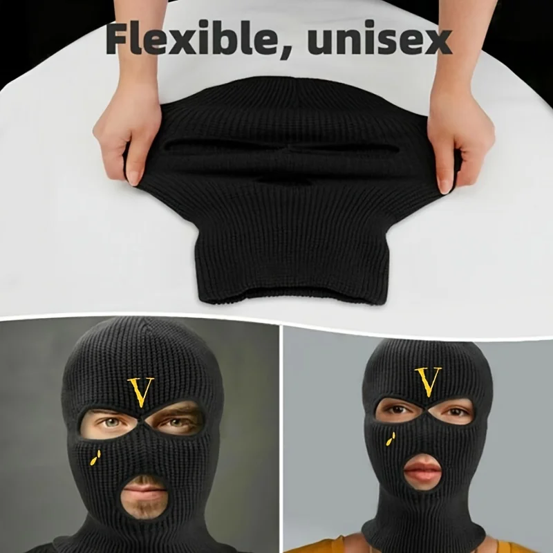 1 PC of V-letter Embroidery Putdoor Cycling Windproof Skiing Full Face Mask Headcover with Ear Protectors Knitted Baraklafar Hat