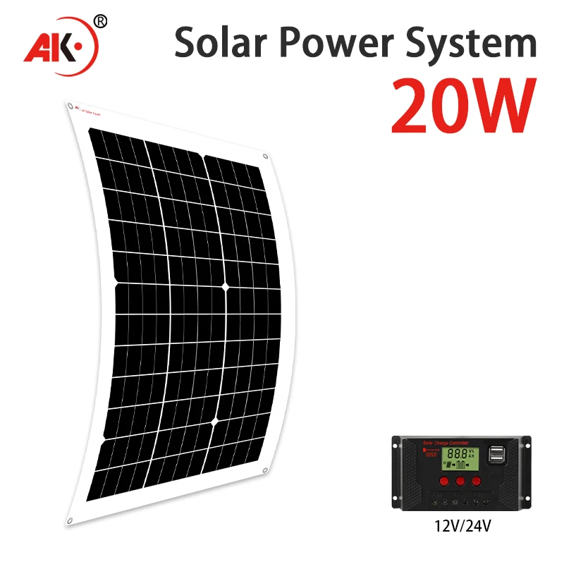 AK 20W flexible solar panel 21v 18v high efficiency battery charger module is suitable for camping car boat RV solar panel