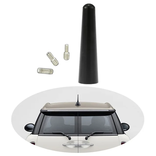 Uniwersalna czarna antena samochodowa z adapterem i śrubami do Mini Cooper i większości samochodów - zamiennik krótkiej anteny radiowej.