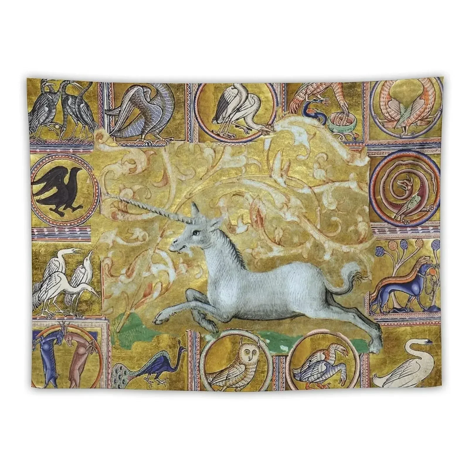 UNCORN AND MEDIEVAL BESTIARY, FANTASTIC ANIMALS IN GOLD RED BLUE COLORS Tapestry Wall Art Tapestry