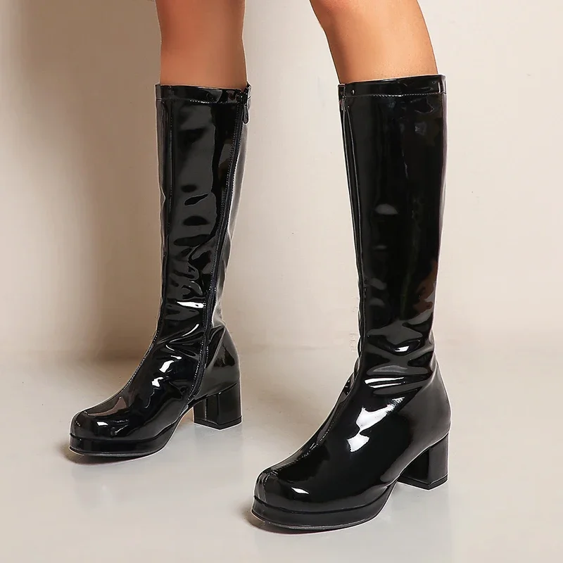 New Fashion Boots Patent Leather Women's Slip on Knee High Boots Women Fashion Square Heel Casual Black White Women Boots