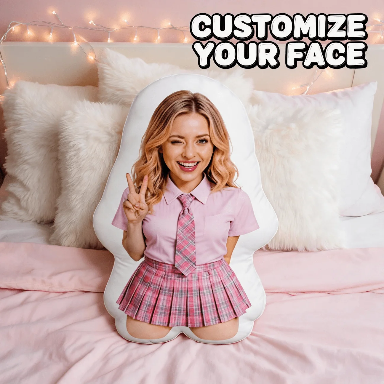 Custom Photo Shaped Pillow, Personalized Picture of in Pink Plaid School Uniform Making Peace Sign, Decorative Cushion for Sofa