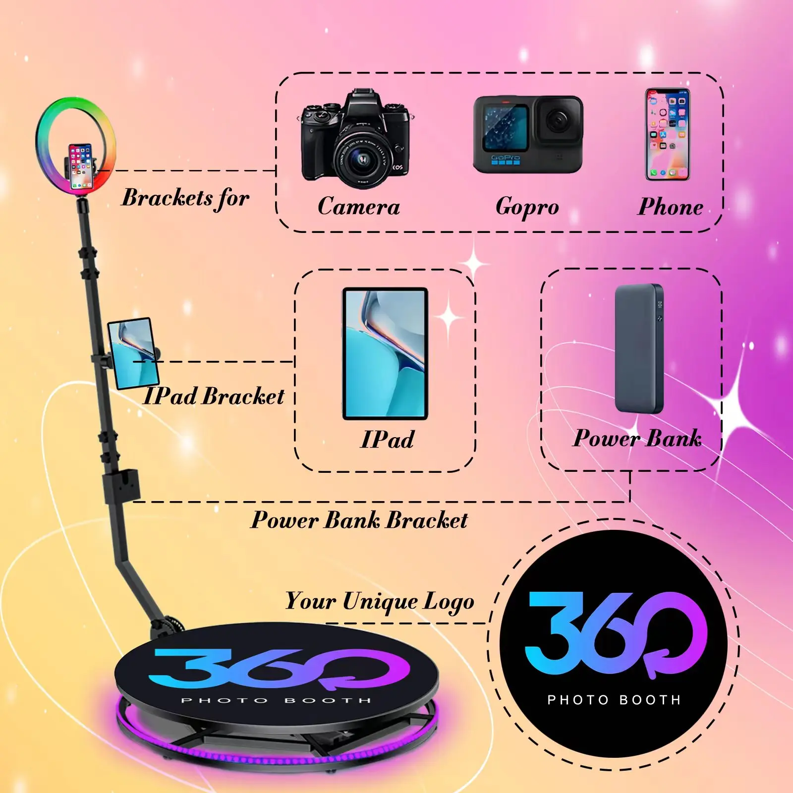 360 Photo Booth Machine for Parties with Flight Case & Battery Pack Slow Motion Camera Deluxe Suit Customization 360 Photobooth App Remote Control RGB Ring Light Photo Booth
