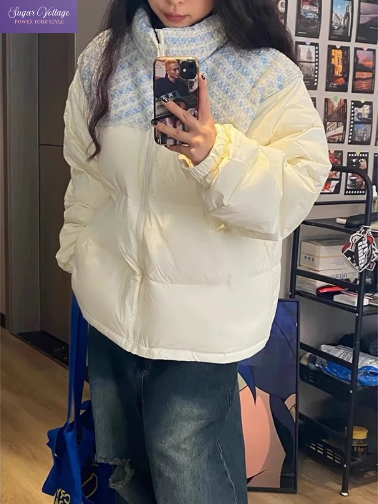 

Милая повседневная японская зимняя куртка в стиле Харадзюку, женское милое стеганое пальто с цветными блоками и твидовым лоскутным узором, теплая свободная посадка, мода 2023 г.