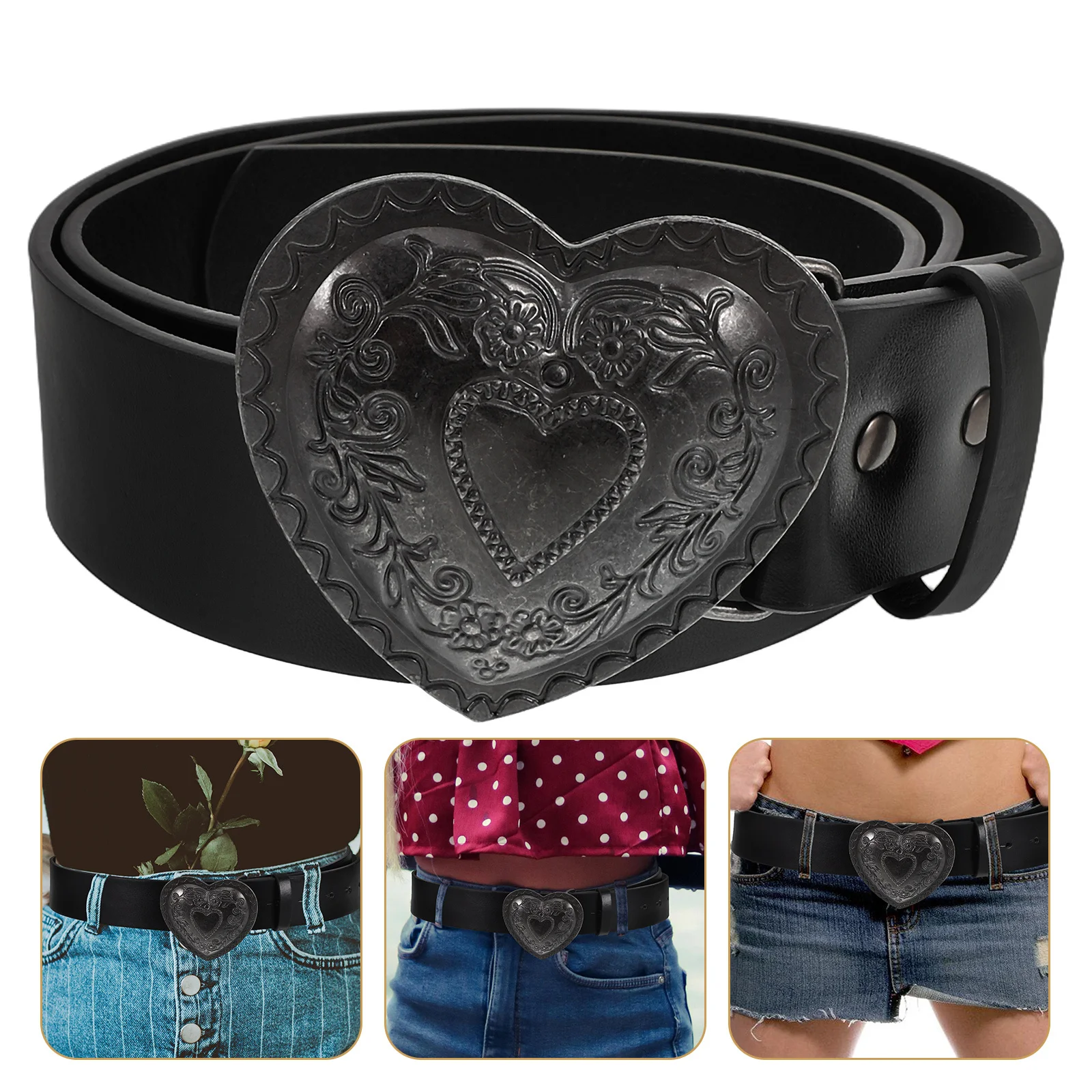 

Fashion Vintage Engraved Heart Buckle Belt Women Fake Wide Waist Belt Casual Dress Jeans Pants Western Style