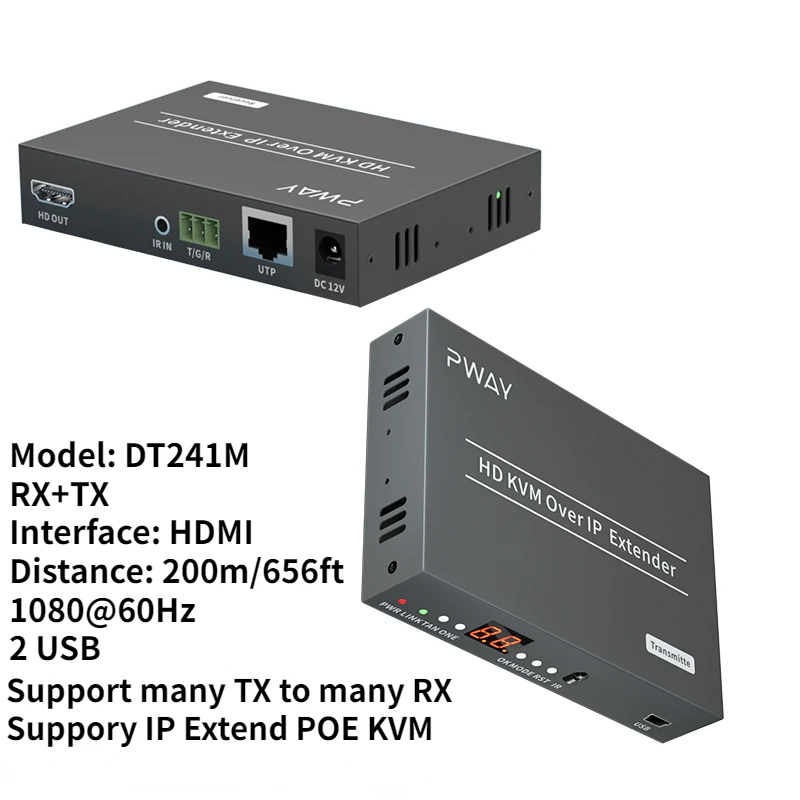 IR KVM Fuction 1080P HDMI  Ethernet IP RJ45 Cat5 Cat6 Optical  Extender Transmitter Receiver Adapter 200M  DT241M Many to Many