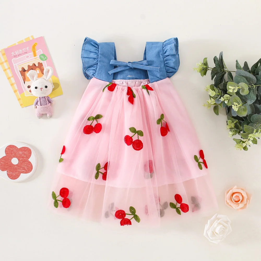 Summer Girls Dress Cute Mesh Cherry Girls Dress Bow Beautiful Baby Girls Summer Dress (0-3 Years Old)