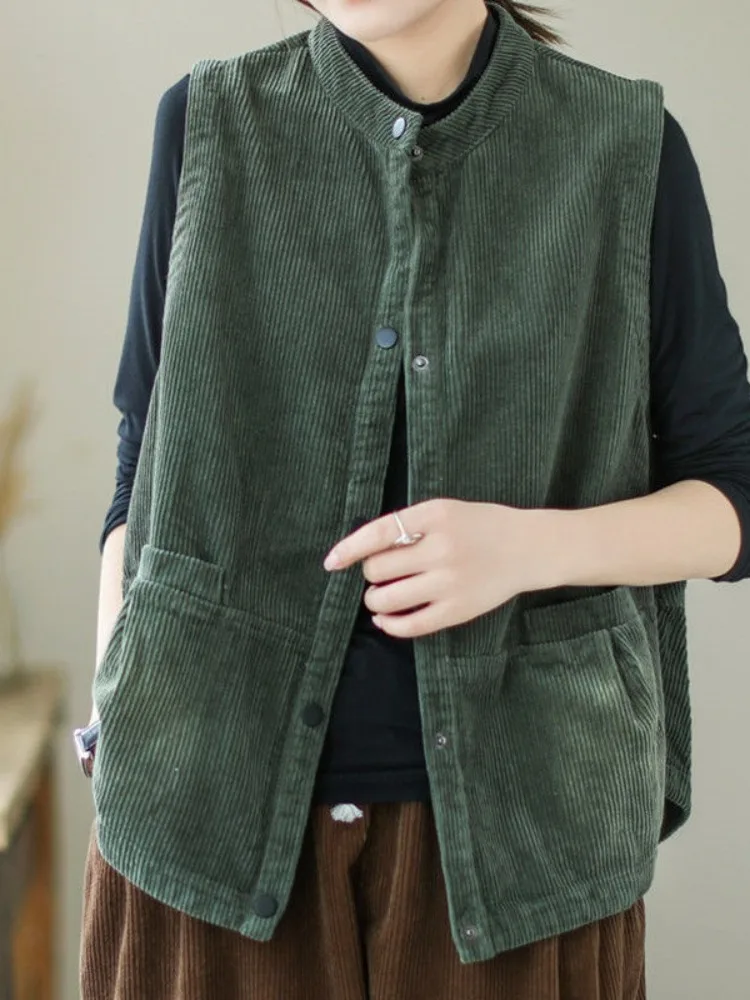 

Women's Corduroy Vest Sleeveless Loose Fit Outerwear Fashionable Spring Autumn New Style Korean Version plus Size