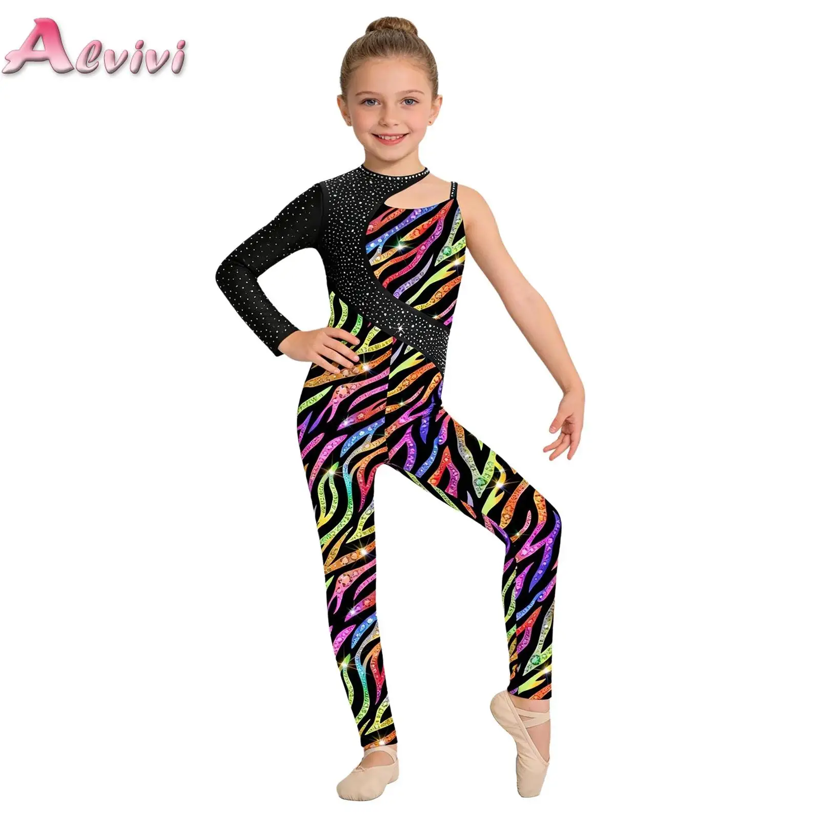 Kids Shiny Rhinestone Printed Gymnastics Dance Jumpsuit Girls Asymmetrical Full Length Bodysuit for Performance Competition