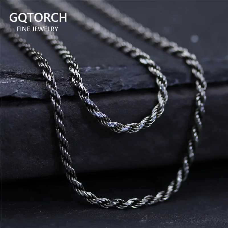 S925 Sterling Silver Twisted Necklace Chain for Men and Women Long Sweater Retro Antique Unisex Chain Original Design