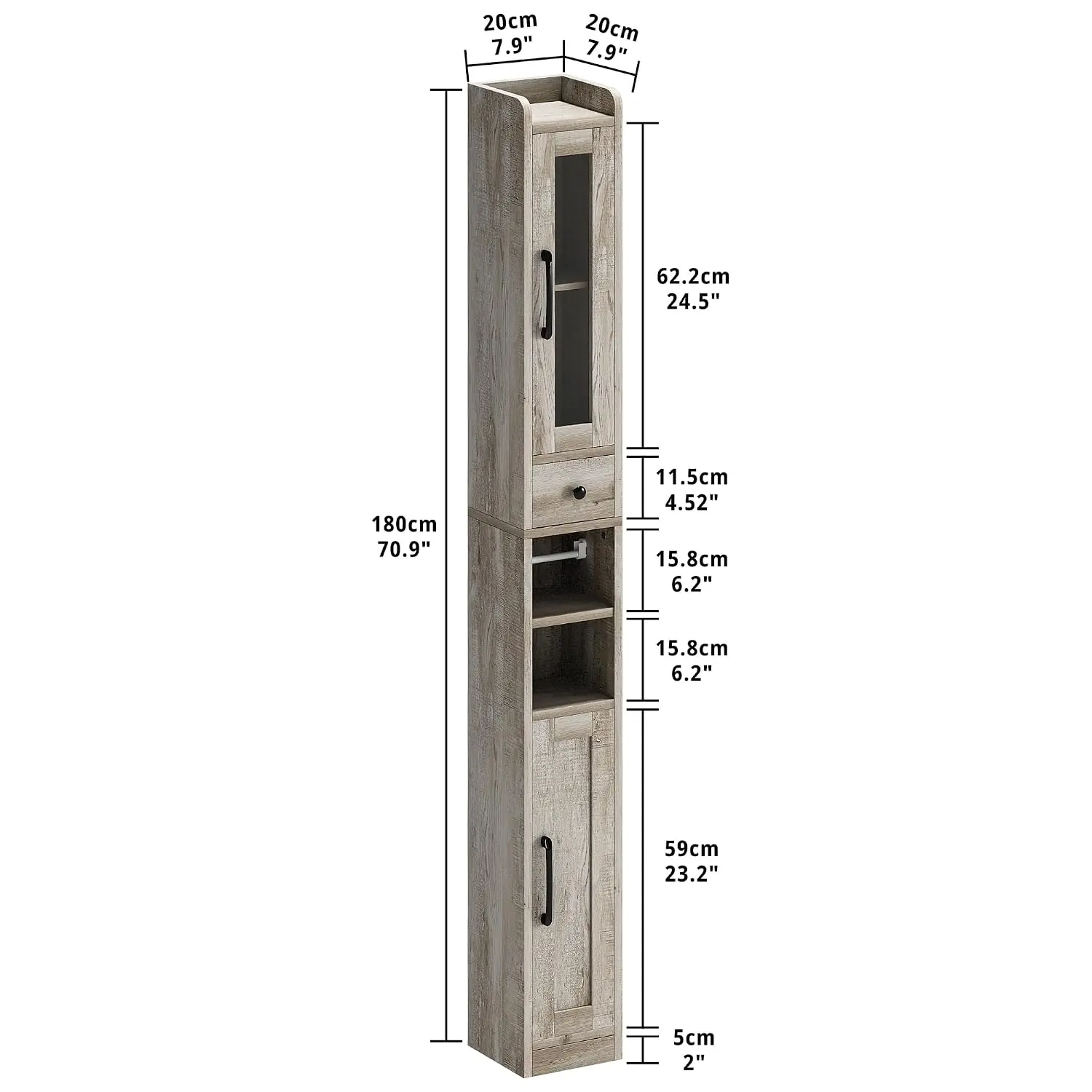 Slim Bathroom Cabinet with Adjustable Shelves & Towel Bar, Narrow Storage with Drawer & Doors, Toilet Paper Rod, Small Spaces, 7
