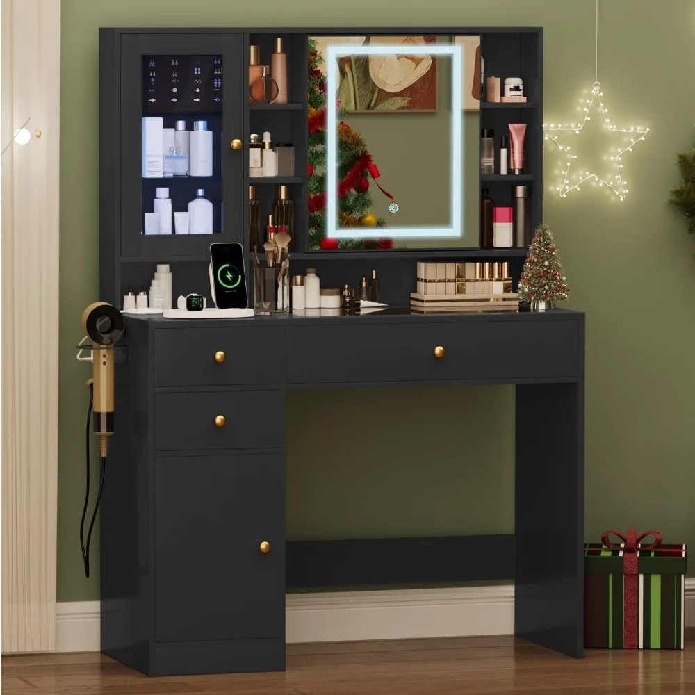 Vanity Desk with Mirror and Lights, Glass Top Vanity with Lights and RGB Cabinet & Jewellery Organizers, Makeup Vanity Desk