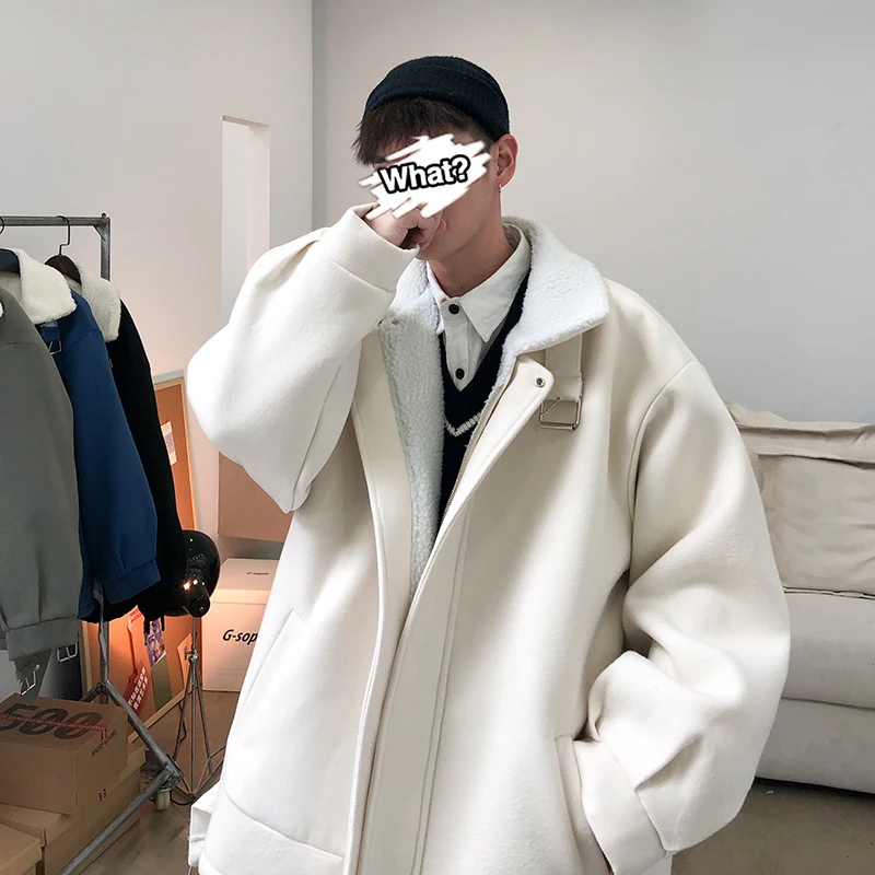 

Lamb Fur Men's Winter Coat Casual Loose Fit Turn-down Collar Trendy High Street Cotton Jaet Warm Thiened Zipper Closure