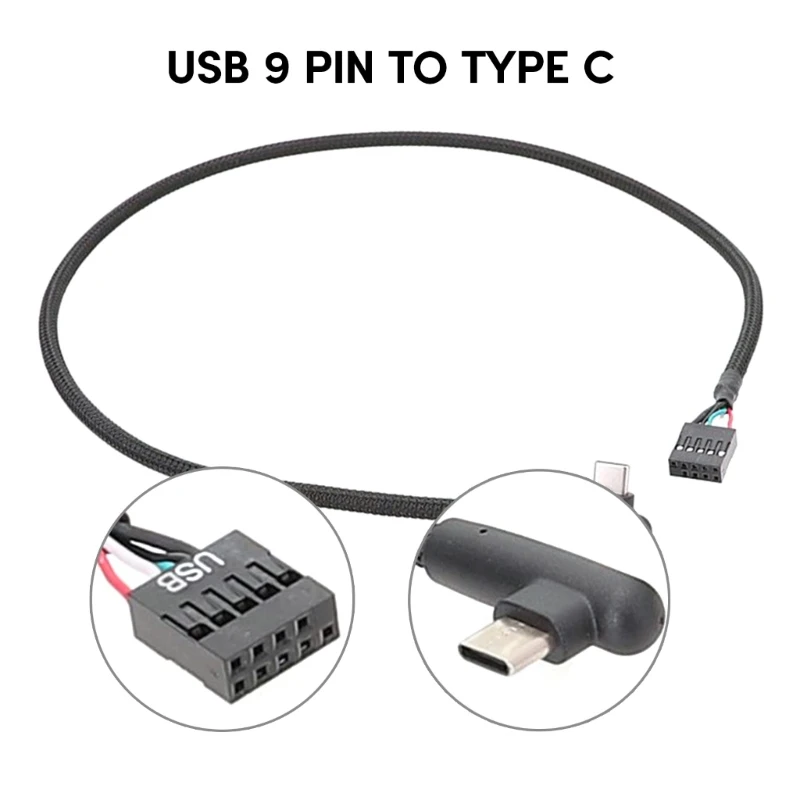 RREEK 60cm Motherboard USB 9Pin to Type C Data Charging Cable Anti Shielding Mesh Line Enhances Stability and Speed