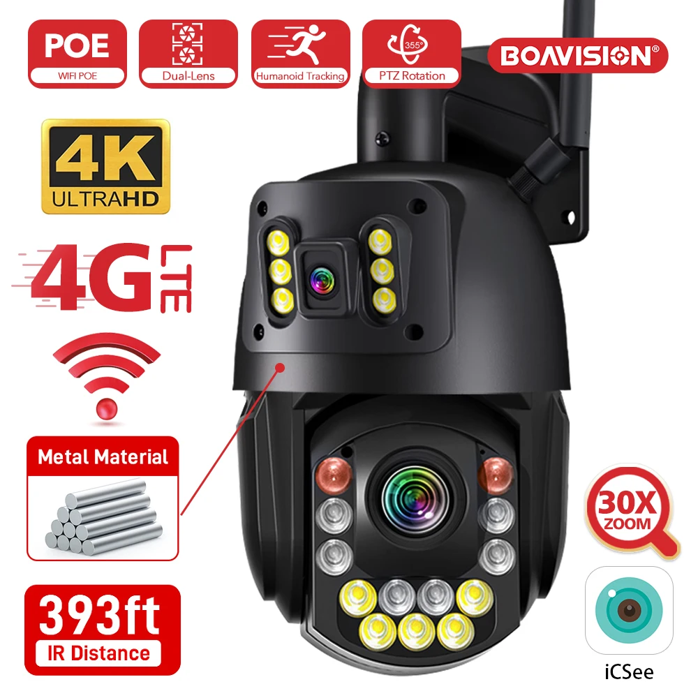 HD 4​K 8MP WIFI 4G POE Dual Lens Dual Screen 30X ZOOM Metal Housing 393ft IR Night Vision AI Auto Tracking PTZ Security Camera