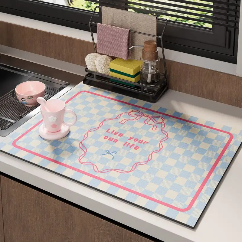 VIKAMA Kitchen Sink Mat Blue Plaid Print Water Absorbing Drain Mat for Countertop Live Your Own Life Decor