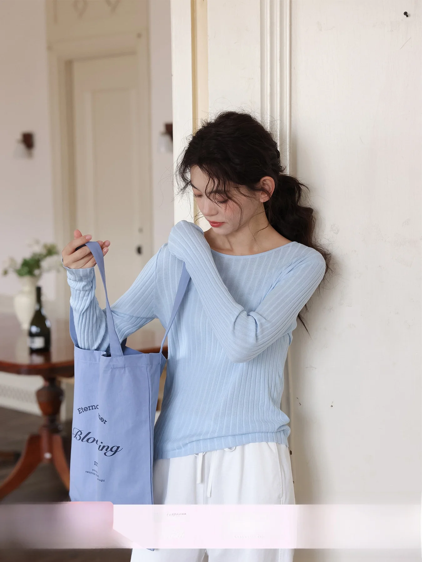 

Silky Glossy Acetate Cotton Knitted irt Women's Thin Sle Early Spring Elegance Top Soft Ravelly Lake Galaxy Knitted Sweater