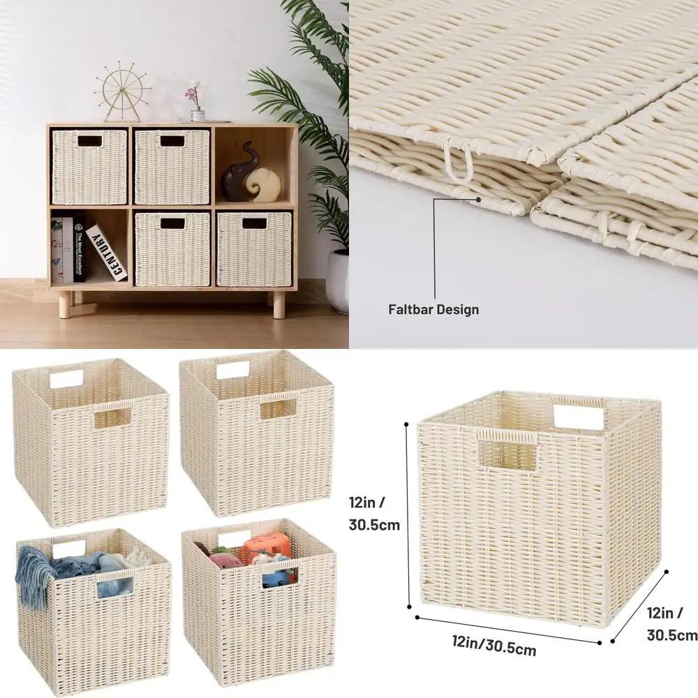 

Set of 4 Large Ivory Plastic Wicker Foldable Cube Baskets for Laundry and Storage