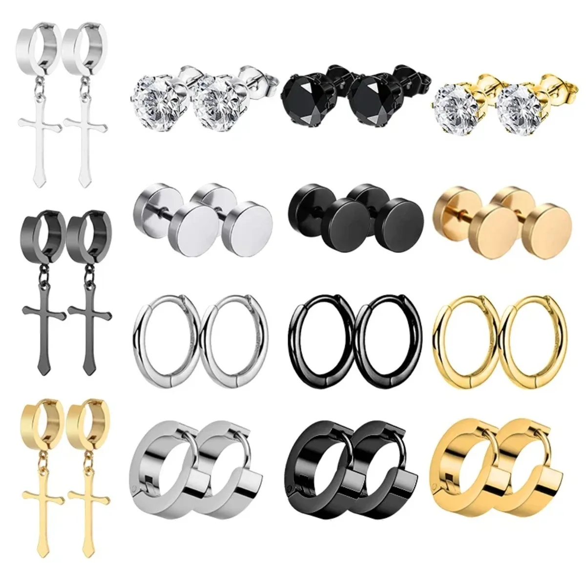 Punk Stainless Steel Stud Earrings Men Women Gothic Cross Round Street Pop Hip Hop Ear Stud Piercing Jewelry