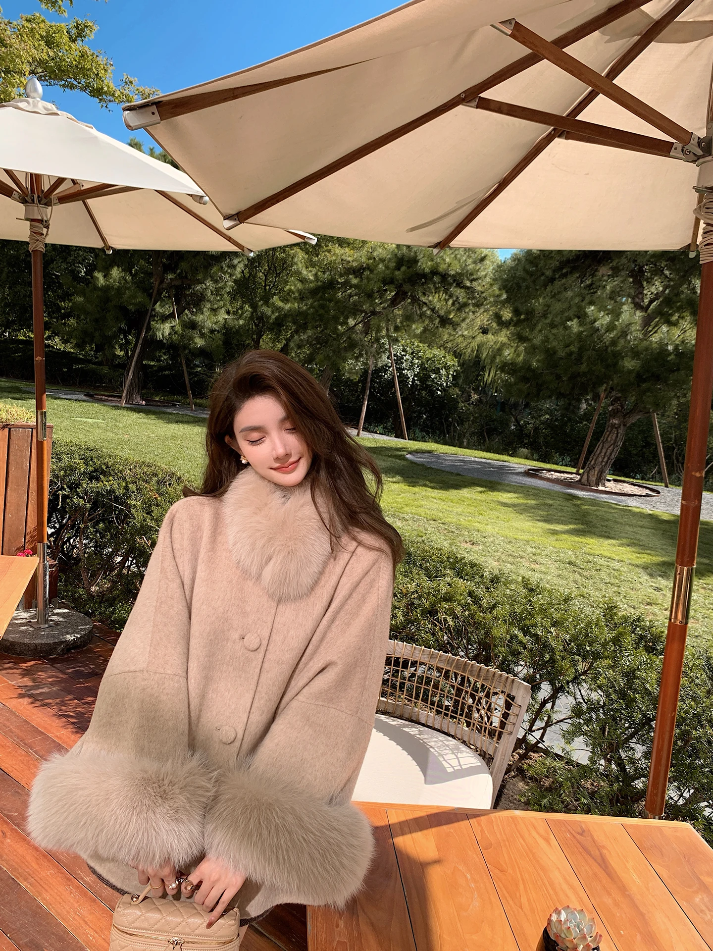

Soft Snow Mountain Coat Luxury 0 Camel 90 Wool Splicing Fur round Ne Double-Sided Wearable Women's Woolen Coat