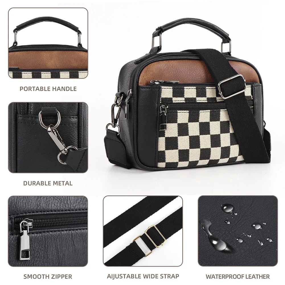 

Crossbody Bag for Women Checkered Top Handle Bag PU Leather with Multi-Pocket Zipper Closure Satchel Purse for Work Travel