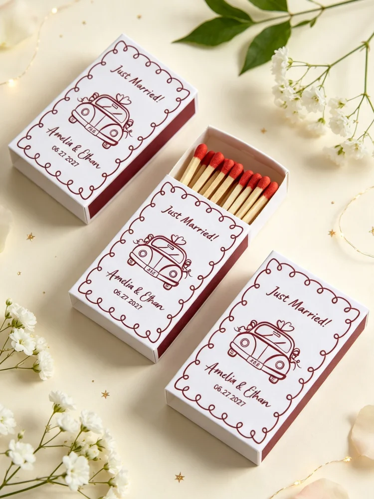 Custom Wedding Matchboxes with Vintage Just Married Car Artwork, Personalized Keepsake Favors, Guest Gifts for Bridal Shower