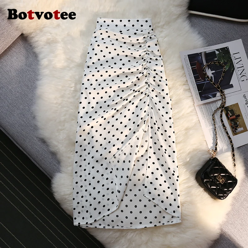 Botvotee Sexy Vintage Pokal Dot Print Trumpet Midi Skirt for Women Back Elastic Band Side Split Ruffles Long Black Skirt