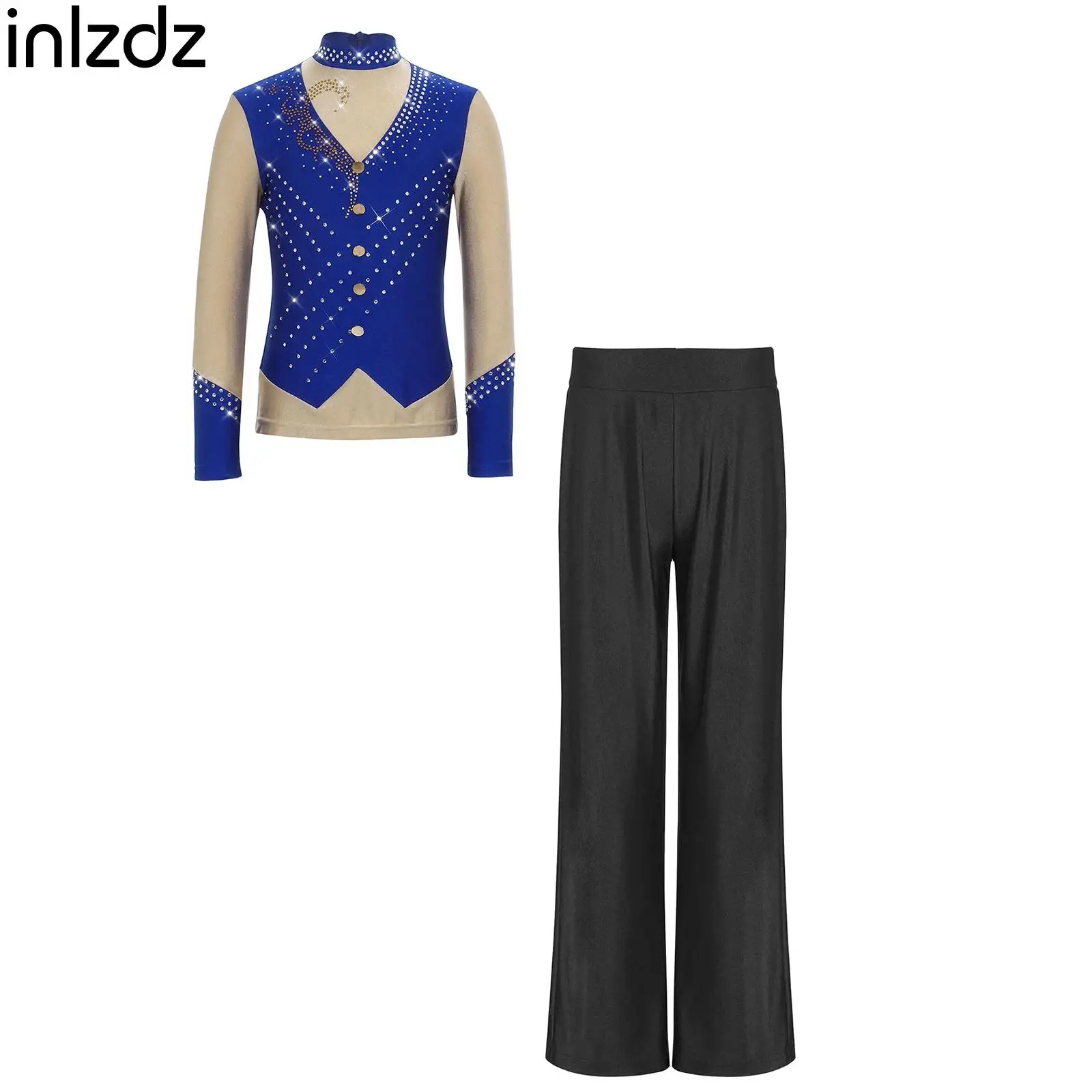 

Child Girls Shiny Rhinestones Athletic Figure Ice Skating Outfit Long Sleeve Tops+Pants Set for Class Performance Competition